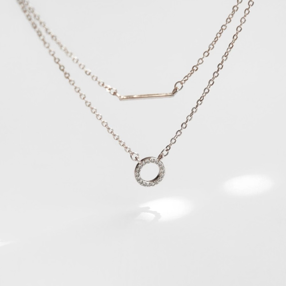 Zirconia Round Bar Dainty Layered Necklace| Sterling Silver Necklace - Picture 2 of 3